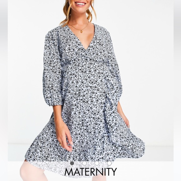 New Look Maternity wrap mini dress in blue floral print - 4 - Picture 4 of 10